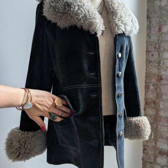 70s Vintage Blue Suede Penny Lane Fur Coat Leather Jacket Trench Boho Medium - Picture 6 of 11